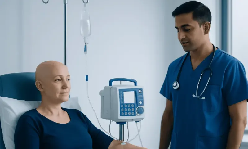 Patient receiving IV chemotherapy treatment in hospital room.