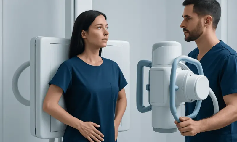 Medical professionals preparing for a chest X-ray in a hospital setting.