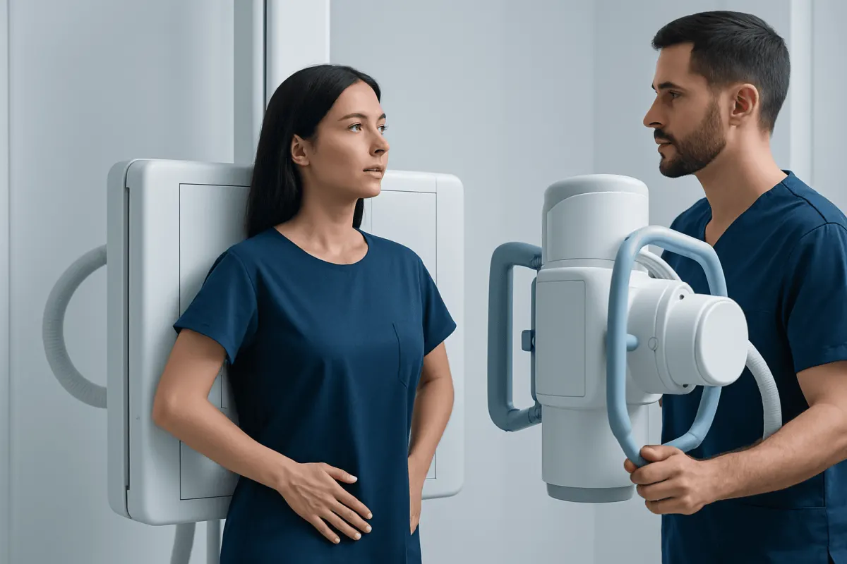 Medical professionals preparing for a chest X-ray in a hospital setting.