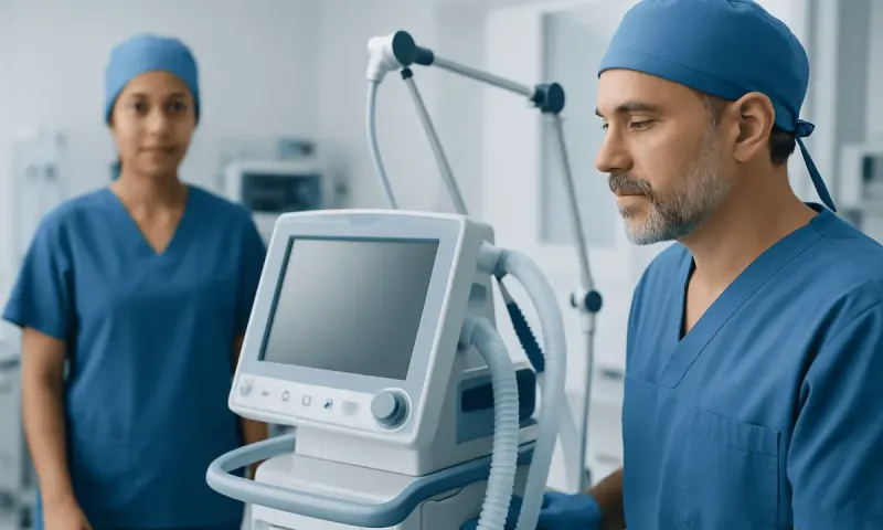 Medical team preparing ventilator in hospital setting.