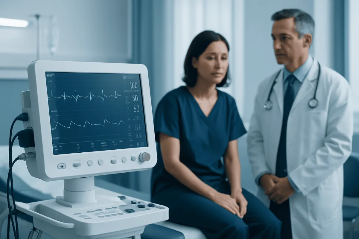 Doctor and patient discussing heart monitor readings in a hospital room.