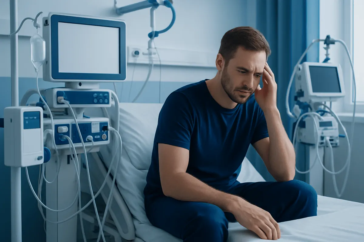 Man in hospital bed experiencing headache or discomfort.