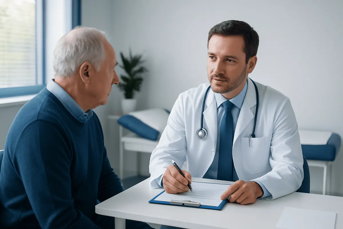 Doctor consulting with an elderly patient in a medical office setting.