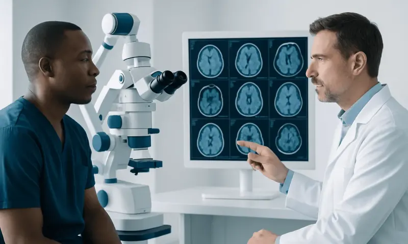 Neurologist explaining brain scan to patient in hospital setting.
