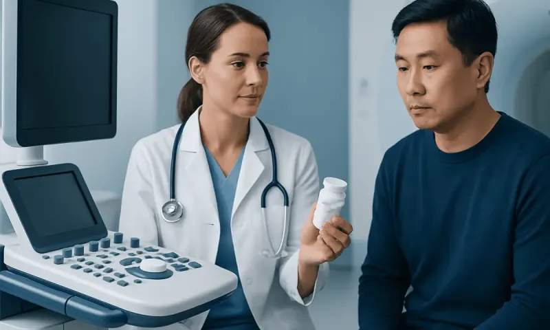 Doctor explaining medication to patient in a hospital setting.