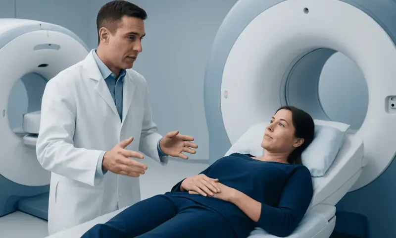 Doctor explaining MRI procedure to a patient in a hospital room.
