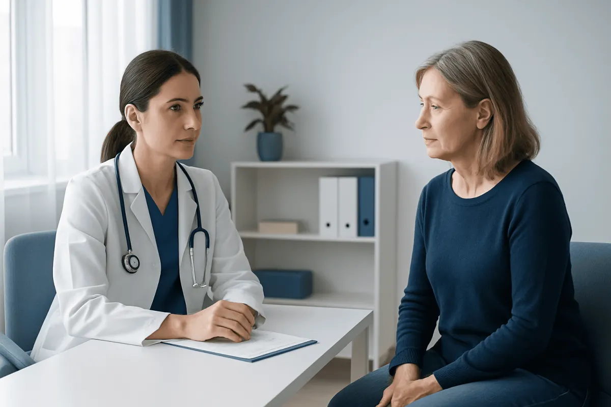 Doctor consulting with an elderly female patient in a medical office.