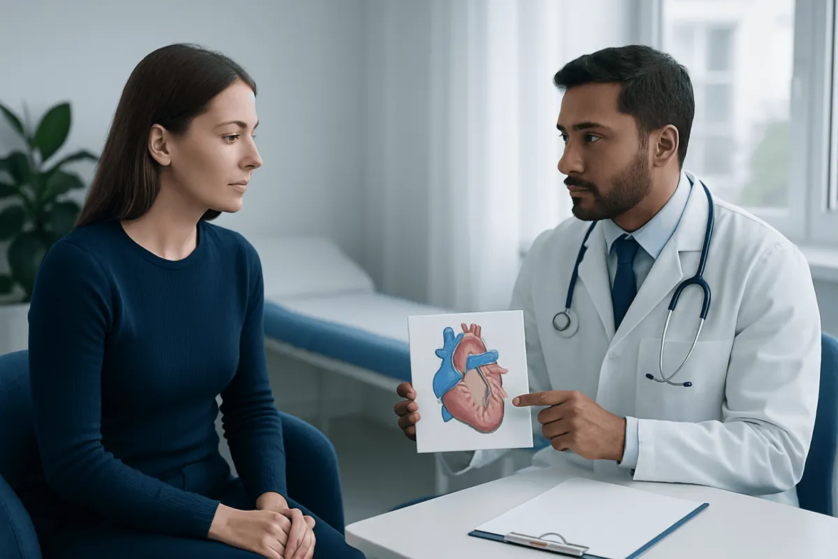 Doctor explaining heart diagram to female patient in consultation room.
