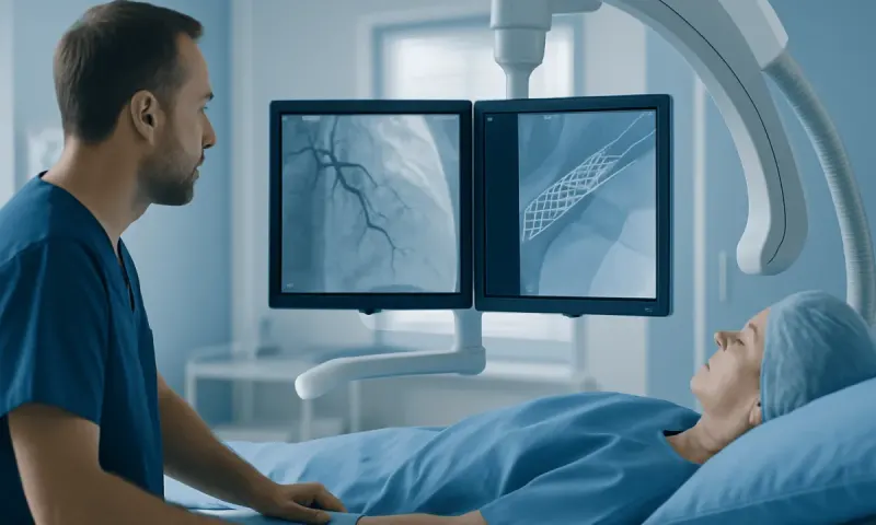 Interventional cardiologist reviews angiography images during a procedure at Acibadem Hospital.