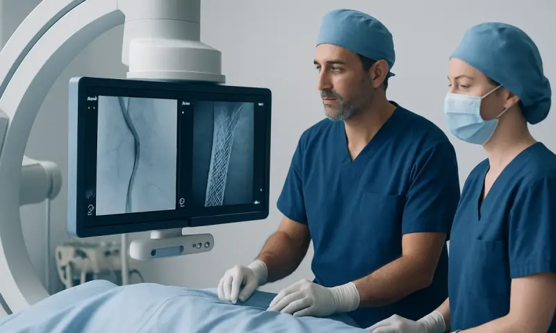 Doctors reviewing angioplasty and stent X-ray images in a hospital setting.