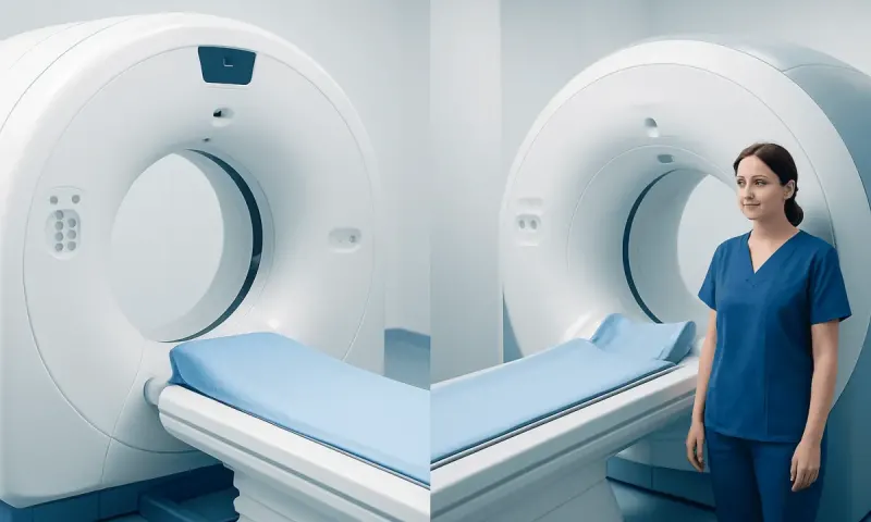 Modern MRI machine in a hospital setting with a healthcare professional nearby.