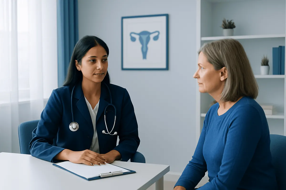 Doctor consulting with a female patient in a medical office.