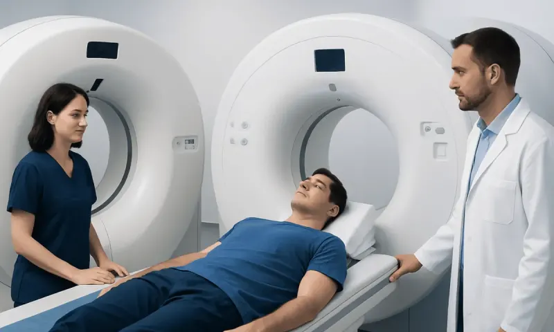 Patient undergoing a PET scan in a medical imaging facility.