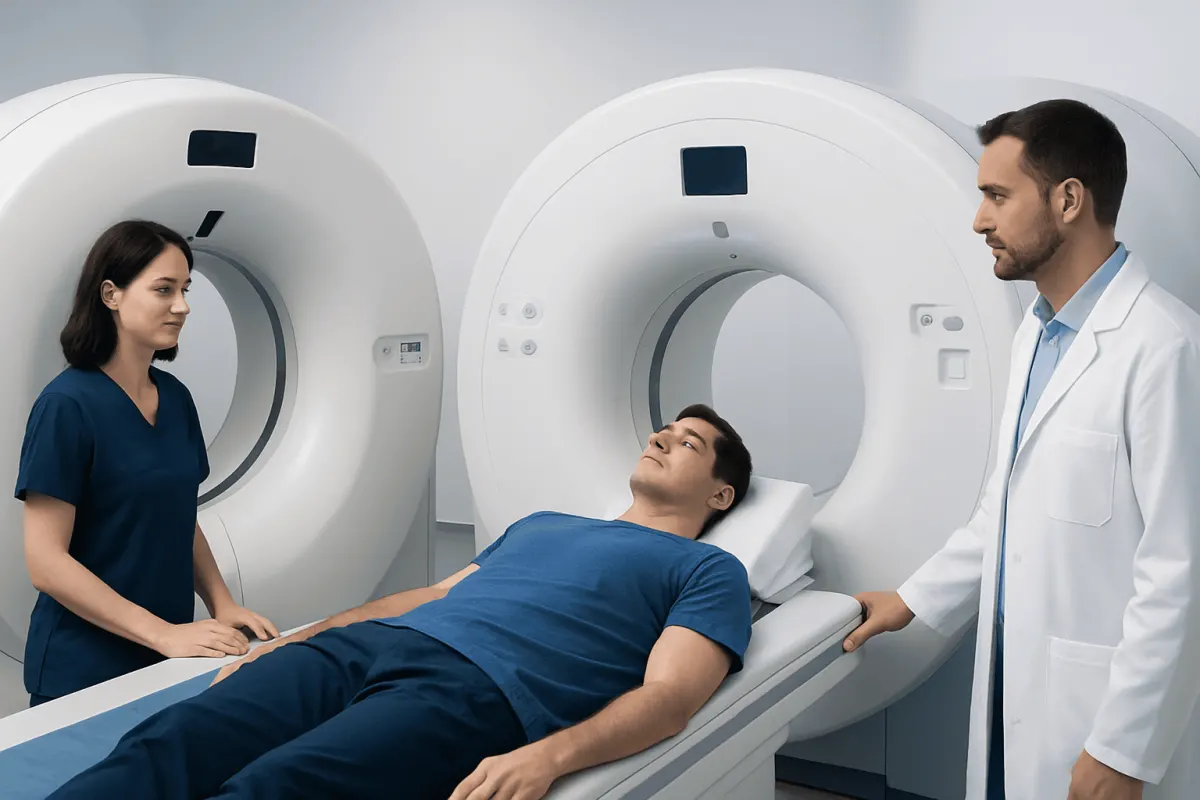 Patient undergoing a PET scan in a medical imaging facility.