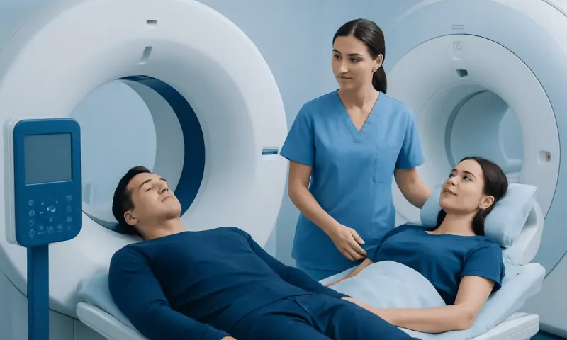 Patient undergoing MRI scan in a medical facility with healthcare professional present.