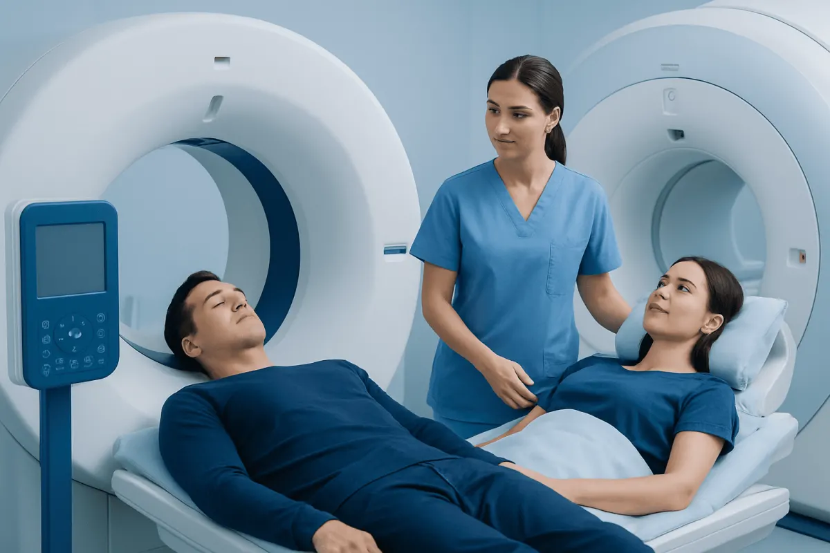 Patient undergoing MRI scan in a medical facility with healthcare professional present.