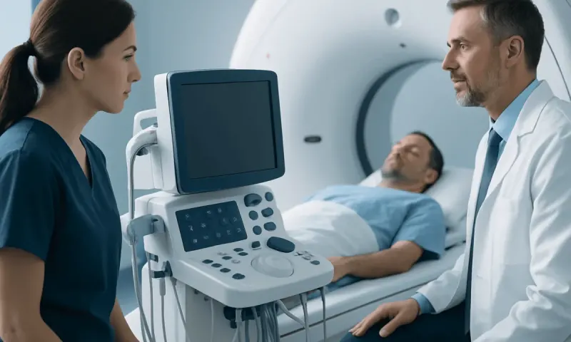 Medical professionals preparing for an MRI scan in a hospital setting.