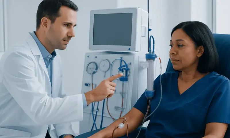 Doctor explaining dialysis process to patient in hospital setting.