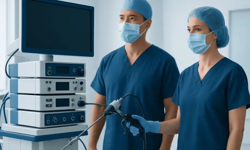 Surgeons preparing for a minimally invasive surgery in a modern hospital.