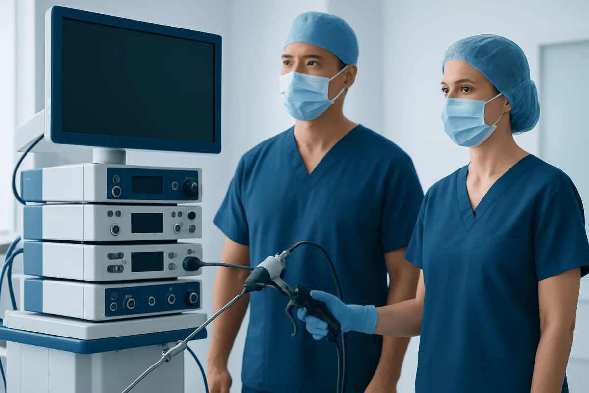 Surgeons preparing for a minimally invasive surgery in a modern hospital.