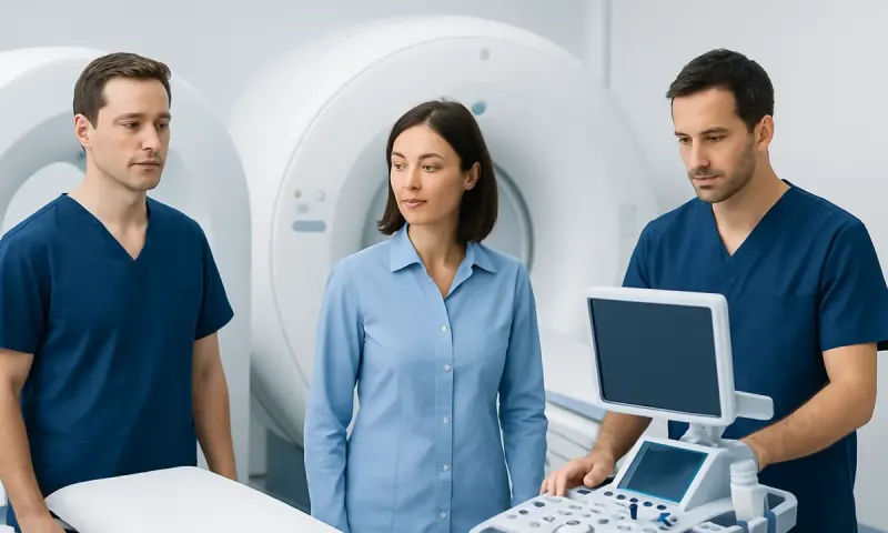 Medical professionals preparing for a scan in a hospital setting.