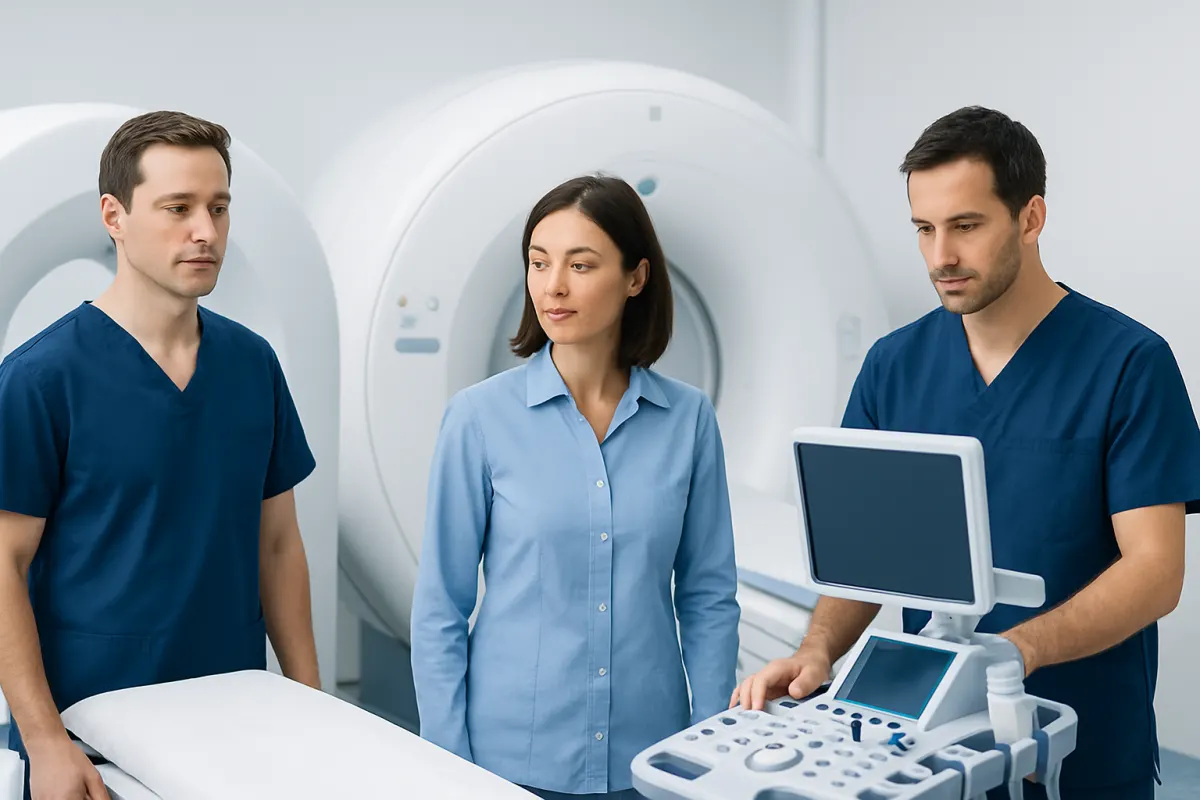 Medical professionals preparing for a scan in a hospital setting.