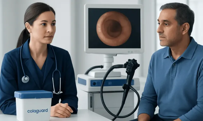Doctor explains colonoscopy procedure to patient in medical office.