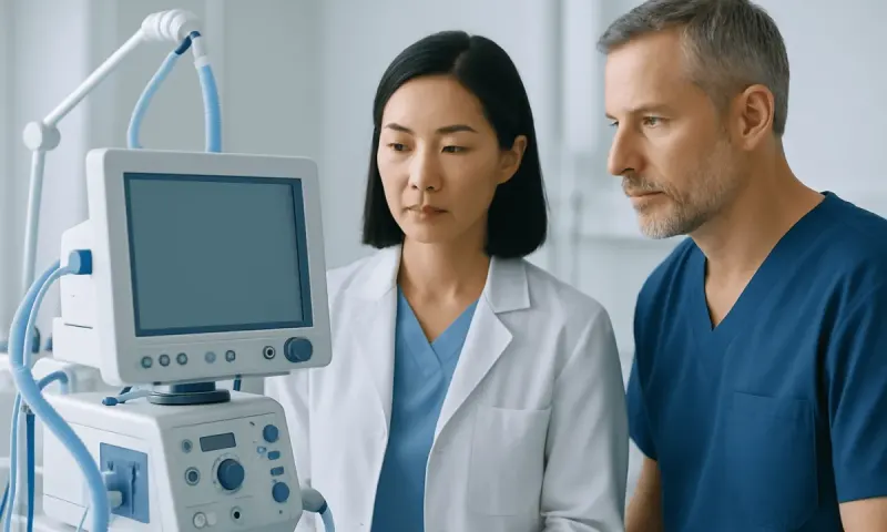 Medical professionals examining a patient monitor in a hospital setting.
