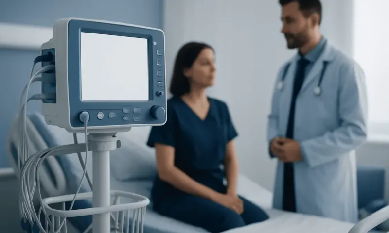 Medical monitor and doctor consulting with patient in hospital room.