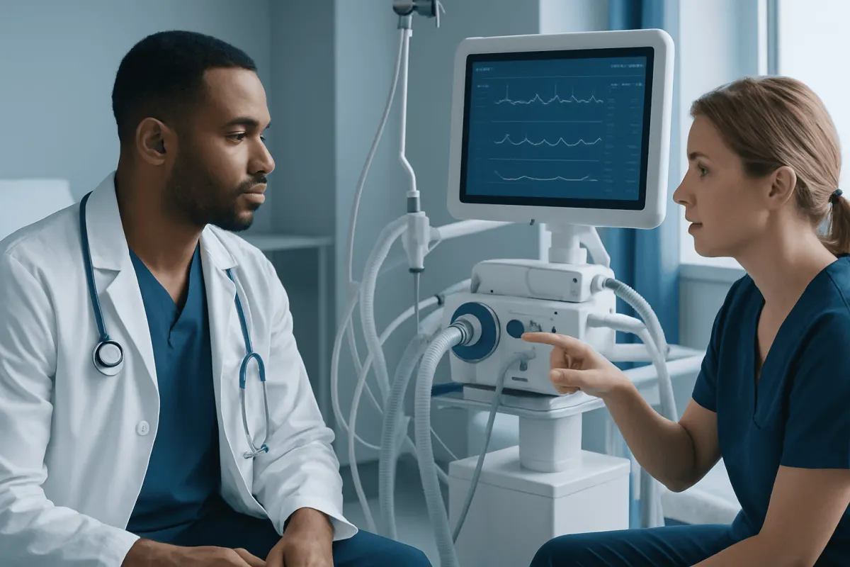 Medical professionals monitoring patient with ECG machine in hospital.