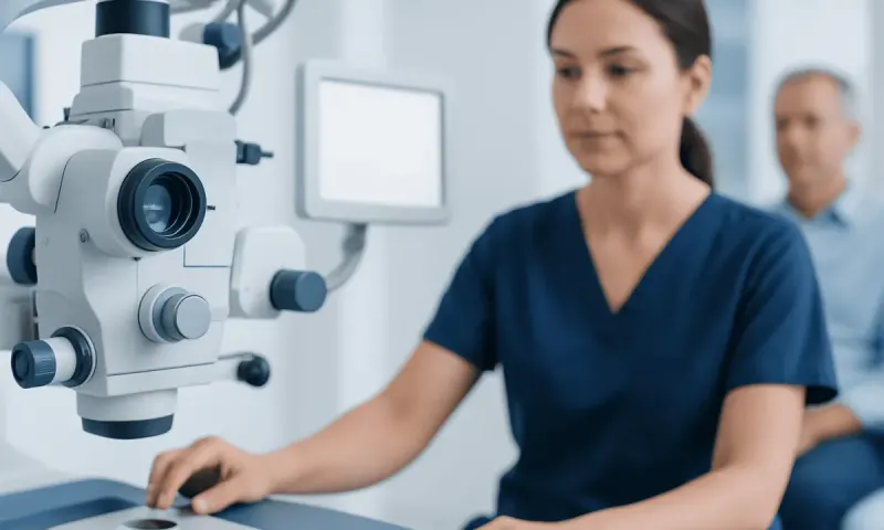 Medical professional using a microscope in a clinical setting.