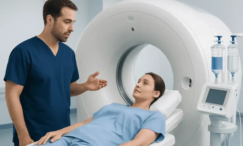 Technician explaining CT scan procedure to patient in hospital.