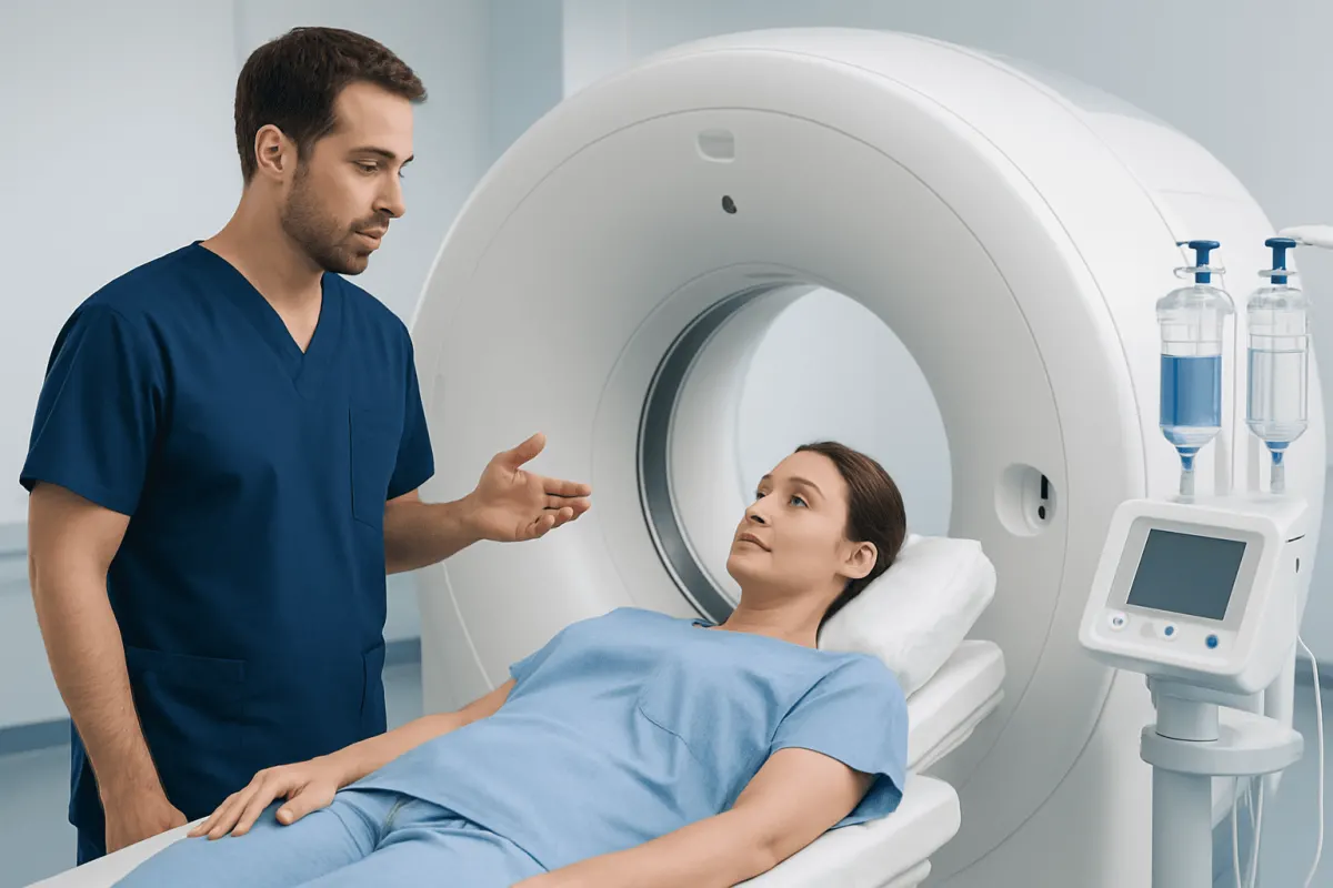 Technician explaining CT scan procedure to patient in hospital.