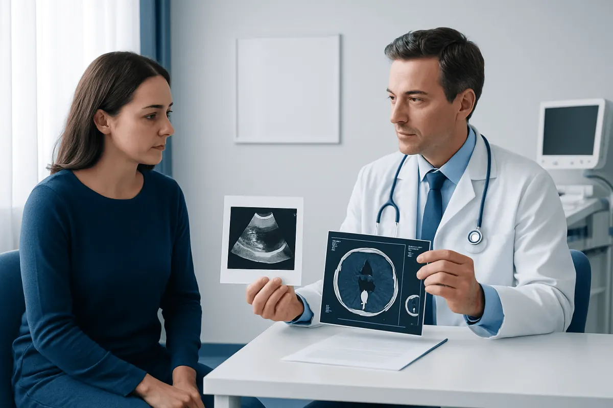 Doctor explaining ultrasound and CT scan images to a patient in a medical consultation.
