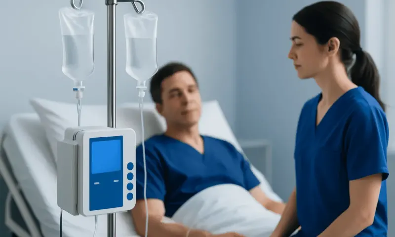 Hospital patient receiving IV therapy from nurse in a clinical setting.