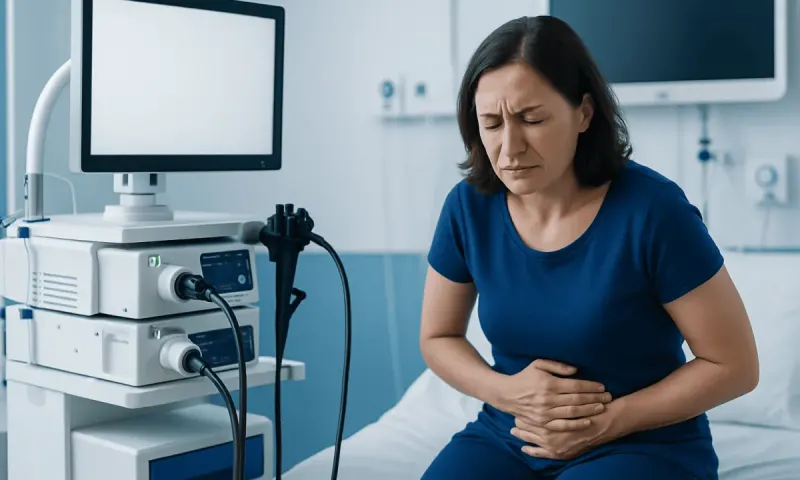 Woman experiencing abdominal pain during a medical examination at a hospital.
