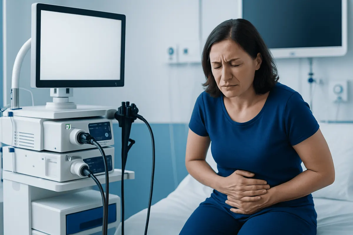 Woman experiencing abdominal pain during a medical examination at a hospital.