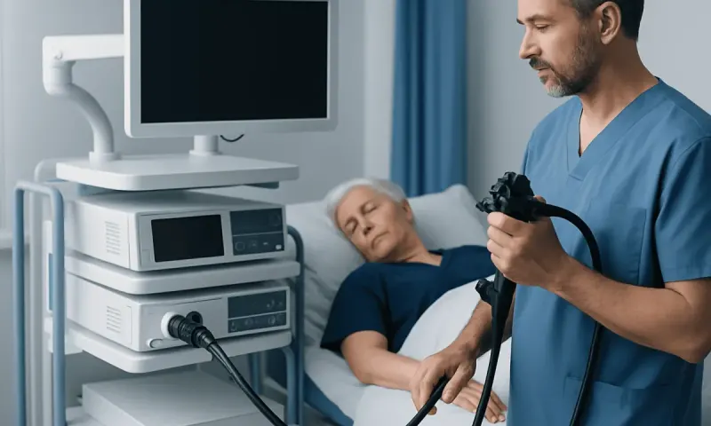 Doctor performing a colonoscopy on an elderly patient in a hospital room.