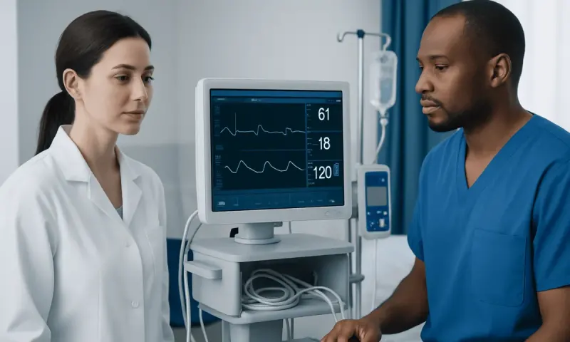Medical professionals monitoring patient vital signs in hospital.