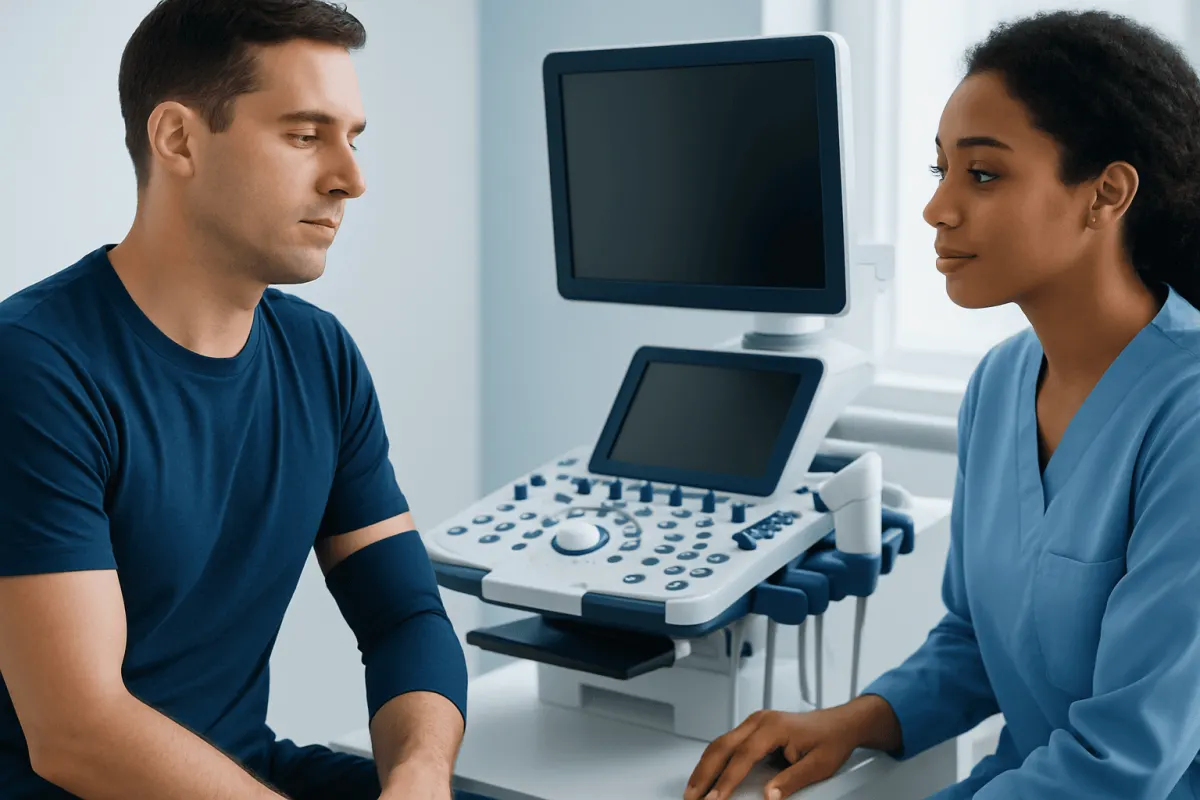 Patient undergoing ultrasound examination at a hospital.