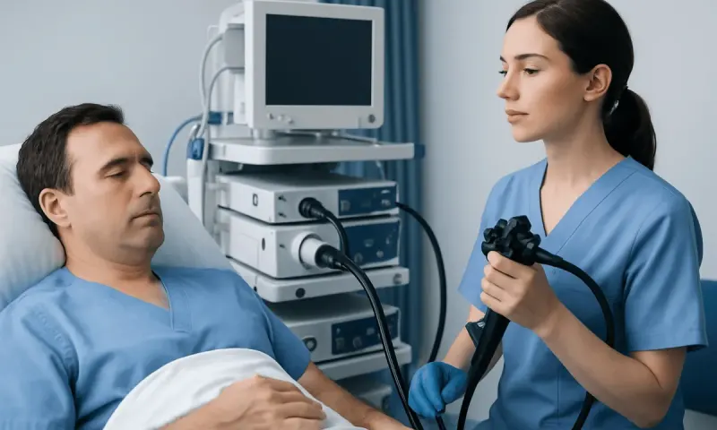 Doctor performing an endoscopy on a patient in a hospital room.