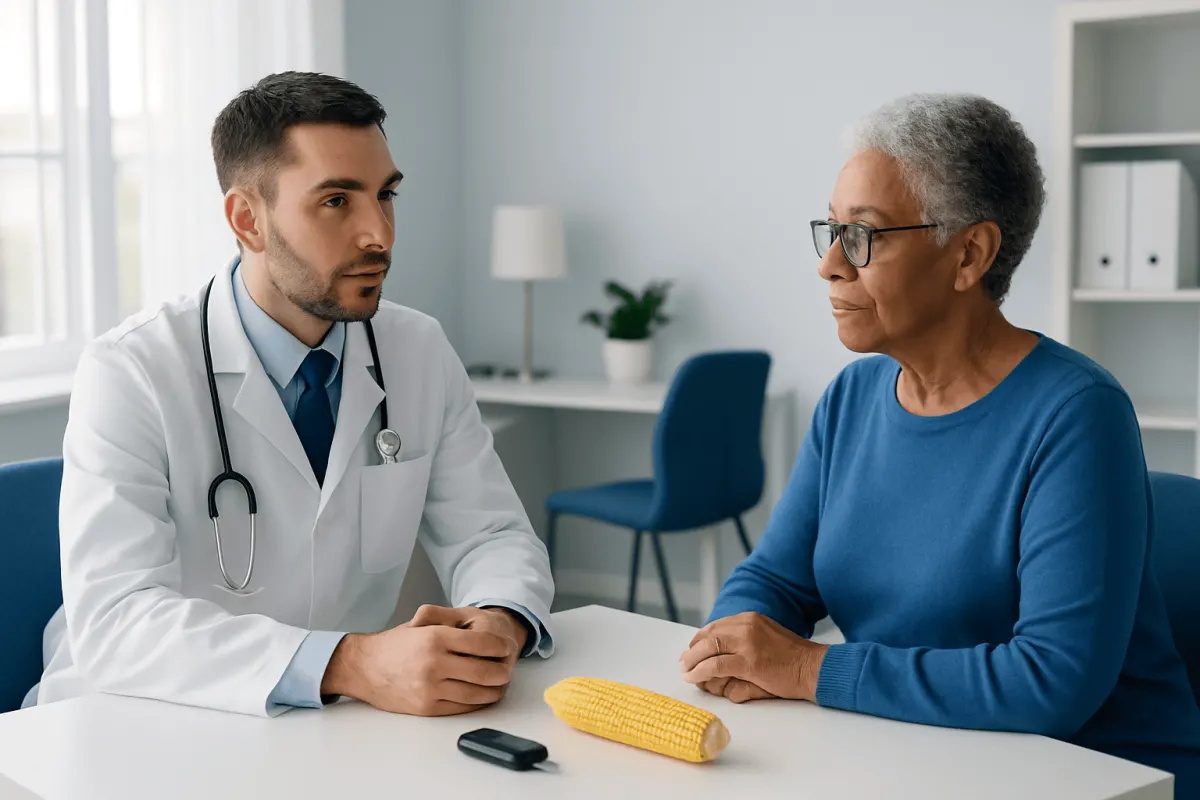 Doctor consulting with an elderly patient in a medical office setting.