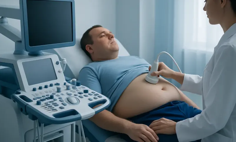 Patient undergoing abdominal ultrasound at Acibadem Hospital.