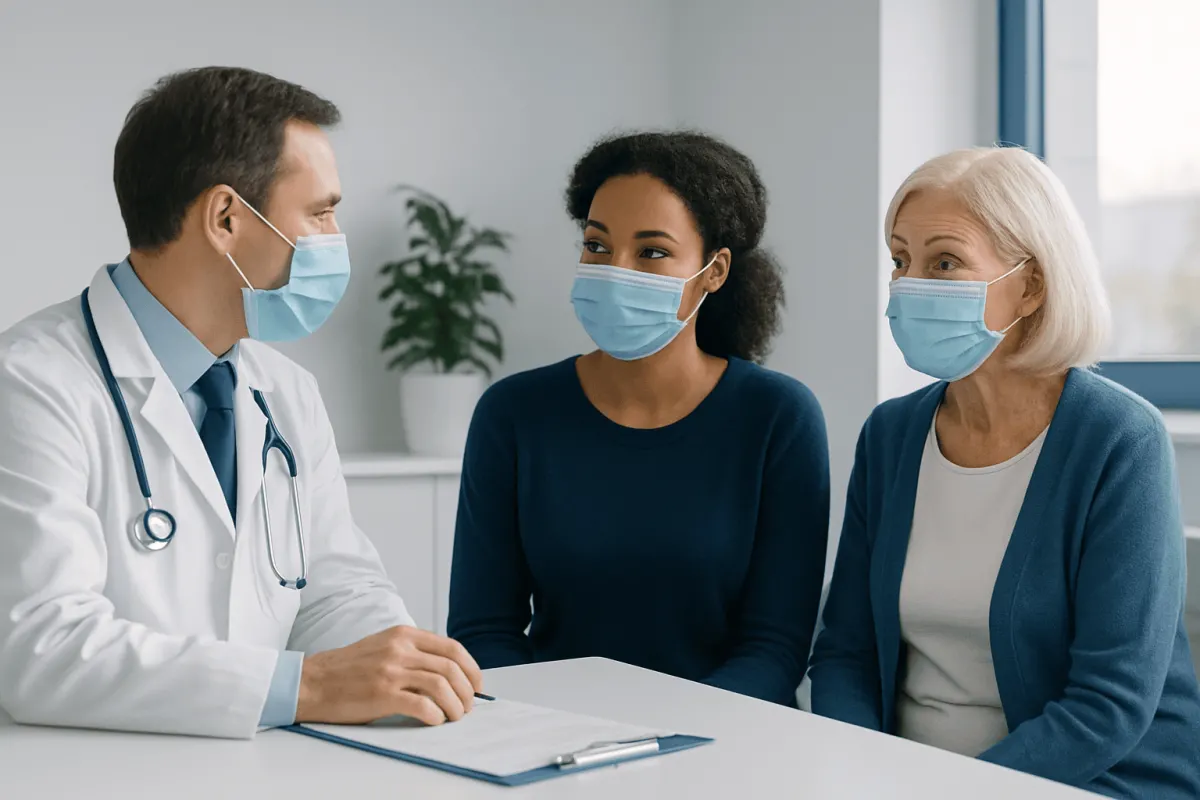 Doctor consulting with two female patients wearing masks in a clinic.