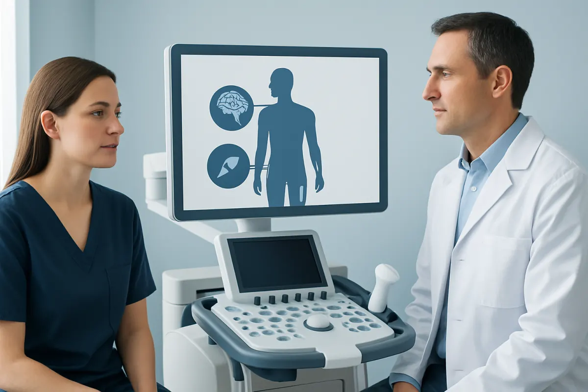 Doctor and patient discussing health with medical imaging on screen.