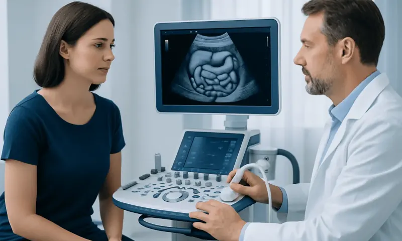 Doctor explains ultrasound scan results to a patient in a medical clinic.