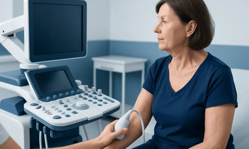 Medical professional performing an ultrasound on a middle-aged woman.
