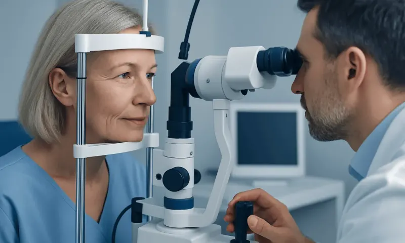 Ophthalmologist examining a patient's eyes with a slit lamp microscope.