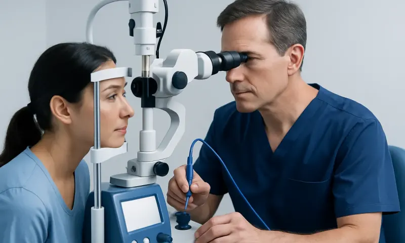 Ophthalmologist performs eye examination using slit lamp and microscope.