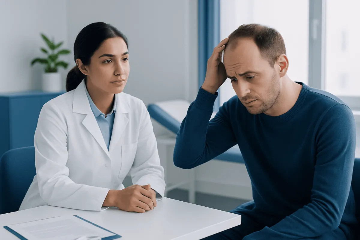 Doctor consulting with a patient about hair loss and scalp health.